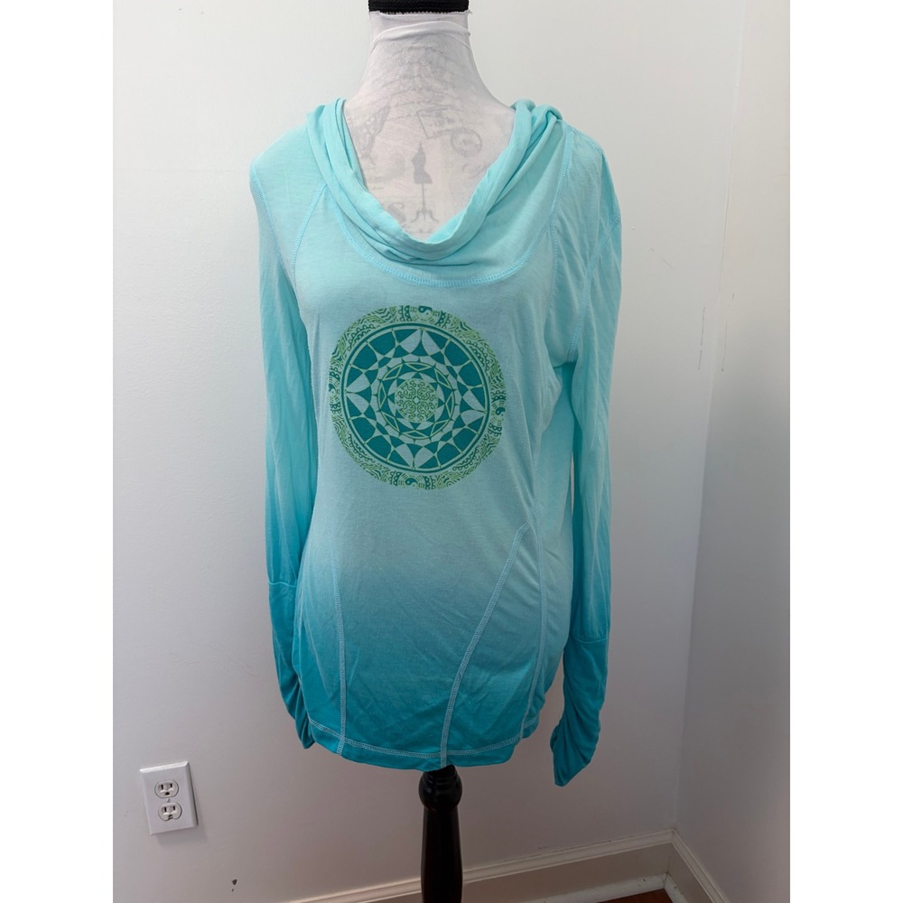 Brisas Hoodie Top Womens L Boho Ombre Mandala Blue Long Sleeve Ruched Thumbhole